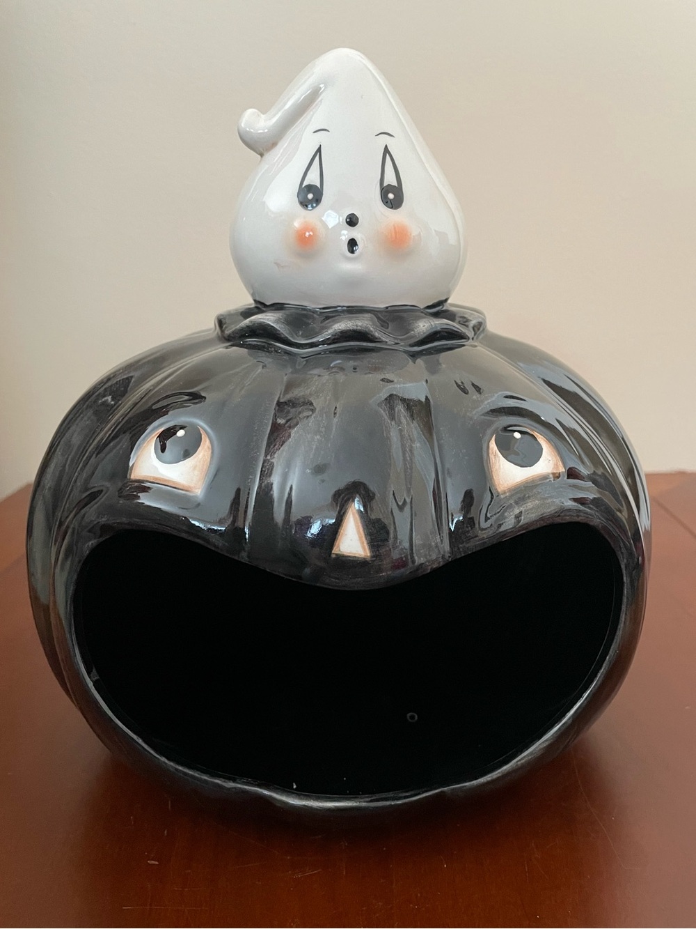 New JOHANNA PARKER HALLOWEEN GHOST & BLACK PUMPKIN DISH BOWL Candy Spooky Candle
